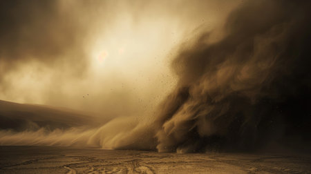 Dust cloud in the desert, resembling a sandstorm, with particles flying dynamically, capturing the intense movementの素材