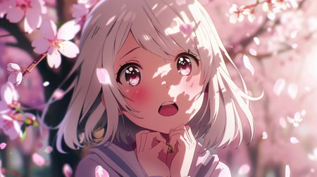 Playful anime girl with white hair and cherry blossoms, capturing a cute moment of surprise.の素材