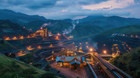 Industrial mining facility with conveyor belts, illuminated by the soft evening light, set against lush green mountainsの素材