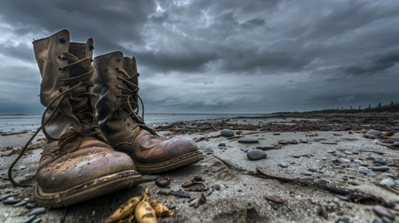 Old military boots on a beach with a cloudy, overcast sky, creating a somber and historical atmosphereの素材