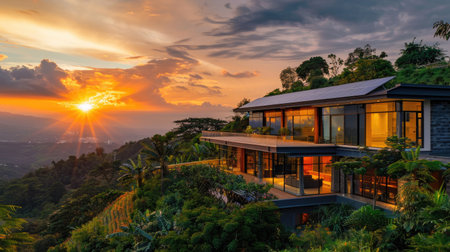 Modern eco-friendly home with solar panels, glowing in the sunset light, amidst lush greenery and scenic viewsの素材
