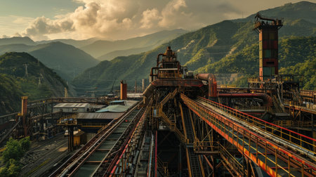 Industrial mining scene with conveyor belts, evening light, and green mountains in the background, creating a dramatic effectの素材