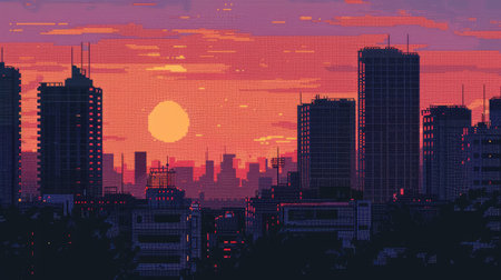 8-bit pixel art of a tranquil urban sunset, skyscrapers silhouetted against a dithered orange and purple sky, capturing a serene retro gaming vibe.の素材