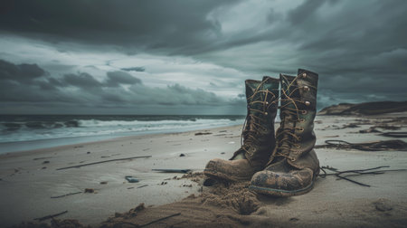 Sandy beach scene with vintage military boots and a moody overcast sky, evoking a sense of history and solitudeの素材