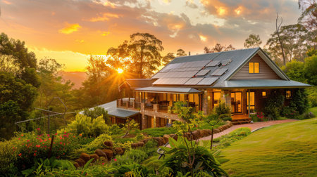 Luxurious eco-friendly house with solar panels, bathed in the warm glow of a stunning sunset, surrounded by lush landscaping -の素材