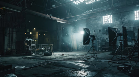 Film shooting location in an industrial setting, featuring professional lighting equipment and a dark backdrop, creating a moody atmosphere for the shootの素材