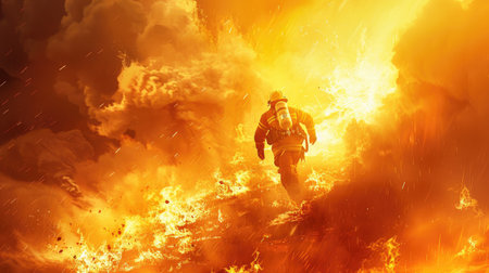 Firefighter in action, running towards a massive fire, bright orange flames dominating the scene, creating an intense and dramatic imageの素材