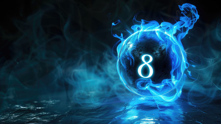Mystical image of a magic eight ball in blue flames, dark background enhancing the striking and mysterious appearanceの素材