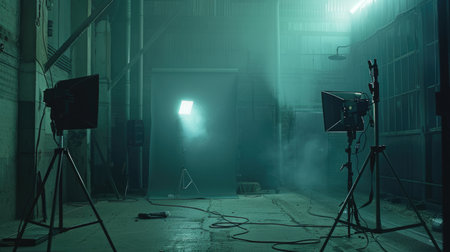 Film shooting location in an industrial setting, featuring professional lighting equipment and a dark backdrop, creating a moody atmosphere for the shootの素材
