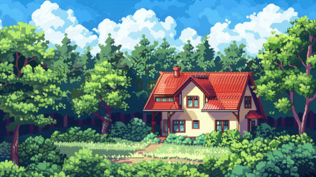 Pixel art illustration of a house in a forest, featuring 8-bit and 16-bit styles, perfect for a colorful anime background.の素材