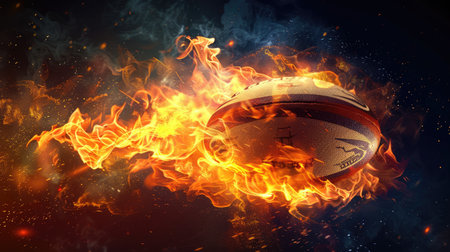 Illustration of a rugby ball engulfed in flames and smoke against a pitch-black background, symbolizing dynamic movement and energyの素材
