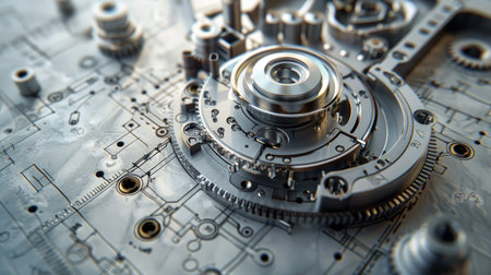 Detailed and precise arrangement of mechanical parts on engineering drawings, illustrating the intricacies of mechanical design and manufacturingの素材