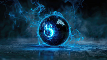 Magic eight ball engulfed in mystical blue flames, creating a striking image with a dark background, highlighting the mysterious auraの素材