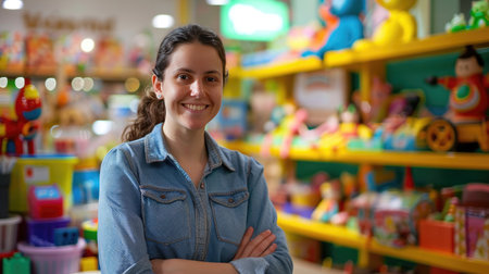 Friendly saleswoman with a welcoming smile in a toy store, surrounded by a cheerful array of colorful toys, enhancing the pleasant shopping experience.の素材