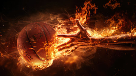 Flaming basketball and hand reaching out, on a dark background, illustrating dynamic action and energy.の素材