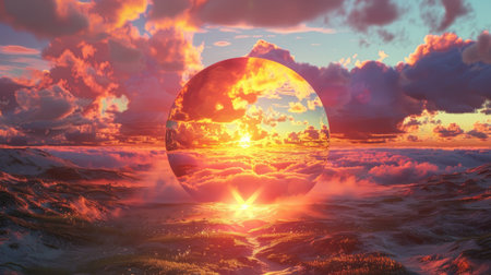 Mirror portal in a sunset landscape, reflecting a vibrant sunset with sunlight rays breaking through clouds.の素材