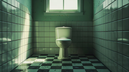 Modern bathroom with a white ceramic toilet, tiled walls, and a checkerboard floor pattern, illuminated by natural light from a window.の素材