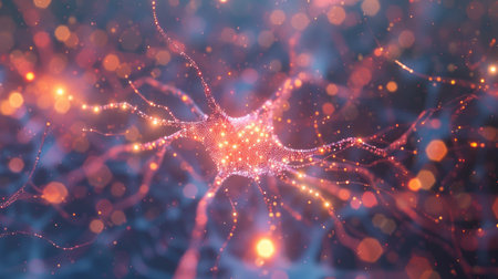 Illustrative neuron connections in the brain with glowing signals, suitable for education and scientific content.の素材