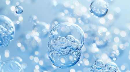 Transparent bubbles in clear blue hyaluronic acid gel, representing skincare and hydration, highlighting the purity and clarity of the gel texture.の素材