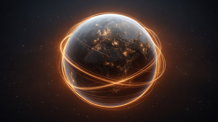 This captivating image showcases a futuristic view of Earth illuminated by glowing network lines, symbolizing global connectivity and advanced digital communication in space.の素材