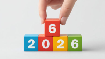 A hand places the number six on colorful wooden blocks that form the year 2026, symbolizing hope, growth, and future aspirations in a creative and educational context.の素材