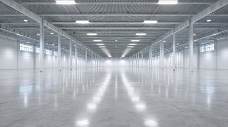 A vast industrial warehouse space featuring high ceilings, polished concrete floors, and abundant lighting. An ideal setting for storage or manufacturing.の素材