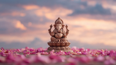 This beautiful image showcases a serene statue of Lord Ganesha, set amidst vibrant pink flower petals, capturing a peaceful moment during sunrise, perfect for spiritual reflection.の素材