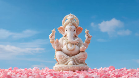 A beautiful white Ganesh statue rests gracefully on pink petals beneath a blue sky, capturing the essence of peace and prosperity in Hindu spirituality.の素材