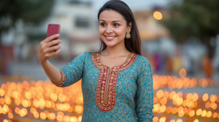 A young woman dressed in traditional attire captures a joyful selfie with a smartphone, surrounded by twinkling lights in a festive celebration setting.の素材