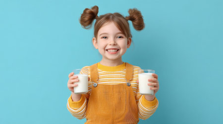 A cheerful young girl smiles widely while holding two glasses of milk, embodying joy and health. The bright blue background enhances her playful and vibrant spirit.の素材