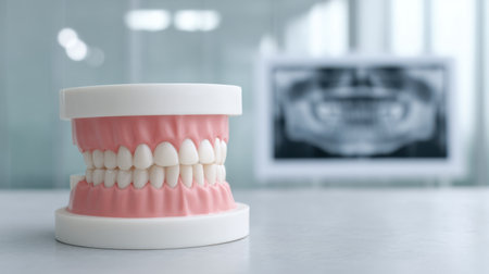 A detailed dental model featuring lifelike teeth and gums placed in a clinical setting with a dental X-ray in the background, perfect for education and demonstration.の素材