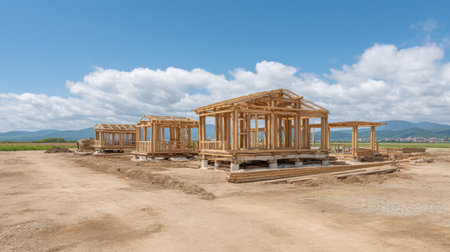 A picturesque scene of wooden houses under construction surrounded by natural beauty, showcasing the building process against a backdrop of clear skies and vibrant landscapes.の素材