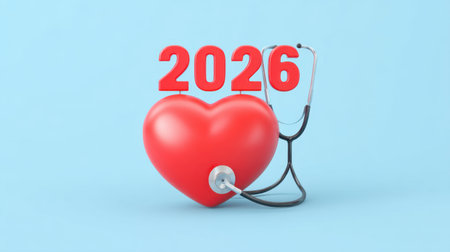 A vibrant image featuring a red heart and stethoscope alongside the year 2026, symbolizing health and wellness aims within the medical industry for future advancements.の素材