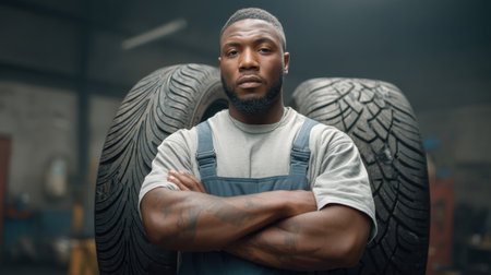 A confident mechanic stands with arms crossed in a garage, showcasing his expertise in automotive service. The large tires in the background emphasize his skilled profession.の素材