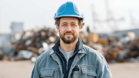 A confident male worker wearing a blue safety helmet and denim jacket stands in a scrap yard. His smile reflects professionalism and a commitment to safety in an industrial environment.の素材