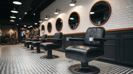This image captures a stylish barbershop interior featuring black chairs, vintage mirrors, and a chic tiled floor, perfect for a modern grooming experience for all clients.の素材