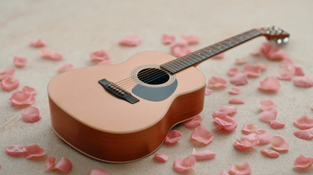 This image features a beautiful acoustic guitar resting on a smooth surface, surrounded by soft pink rose petals, creating a romantic and serene setting for music.の素材