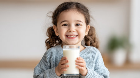 A joyful young girl enjoys a glass of fresh milk, showcasing her bright smile in a cozy kitchen setting. The image captures a moment of happiness and nutrition.の素材
