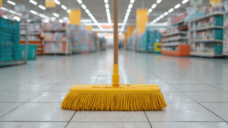 A bright yellow cleaning mop is positioned on the tiled floor of a vibrant supermarket aisle. The shelves are lined with various products, showcasing a clean and organized space.の素材