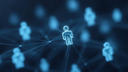 This image depicts a digital network representation featuring human silhouettes connected by light lines, illustrating modern technology and social interaction concepts.の素材