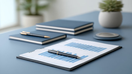 This elegant workspace features neatly arranged notebooks, a sleek pen, a decorative plant, and a business report with blue graphs, perfect for showcasing productivity and creativity.の素材