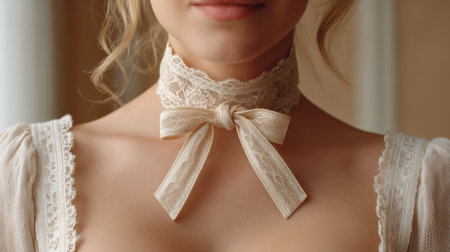 This close-up image showcases a delicate lace choker featuring a charming bow, emphasizing vintage elegance and soft beauty against a warm backdrop.の素材