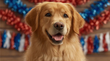 A cheerful golden retriever poses with a bright smile against a colorful festive backdrop, perfect for themes of love, joy, and celebration in pet photography.の素材