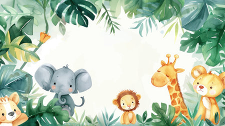 Watercolor frame with cute animals among lush plants, providing a charming spot for your message.の素材