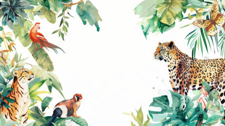 Delicate watercolor animals and vibrant plants create a frame, ideal for your text.の素材