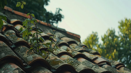 Close-up of terracotta roof tiles with damage and plant growth, set against a clear sky and green treesの素材