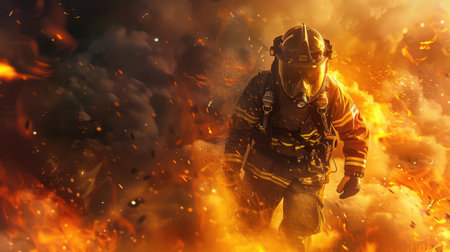 Urgent scene of a firefighter in full gear charging towards a fire, flames and sparks filling the background, showcasing heroismの素材