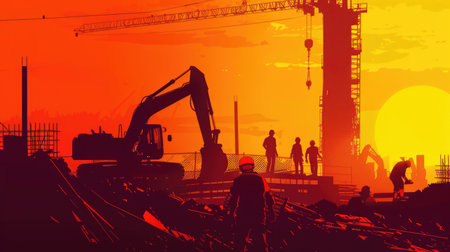 Construction site at sunset with workers and machinery silhouetted against an orange sky, depicting an active work environmentの素材