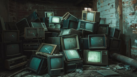 Pile of discarded old CRT monitors in a dimly lit abandoned room, symbolizing electronic waste and the impact of technology disposal.の素材