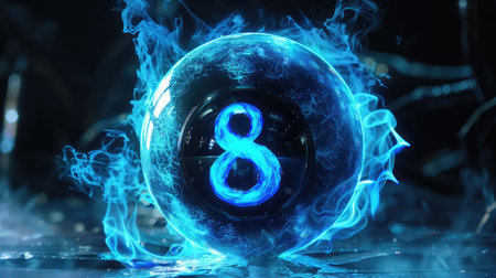 Enigmatic image of a magic eight ball in blue flames, against a dark backdrop, emphasizing the mystical and striking visual effectの素材